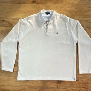 RARE Burberry London XL Long Sleeve Polo Shirt White Piqué Cotton Made in UK